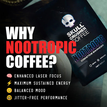 Skull Crusher Nootropic Coffee bag with bold logo, dark packaging, and a skull graphic, highlighting energy-boosting coffee blend.