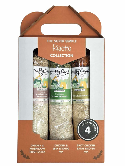 Crafty Cook Super Simple Risotto Collection Box featuring various packaged risotto mixes with colorful labels.