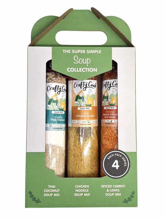 Crafty Cook Super Simple Soup Collection box with assorted soup packages, displayed with colorful packaging and labels.