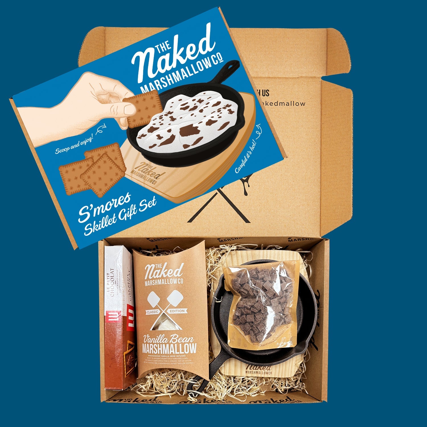 S'Mores Skillet Gift Set from THE MARSHMALLOW FACTORY featuring a skillet, marshmallows, chocolate, and graham crackers for making s'mores