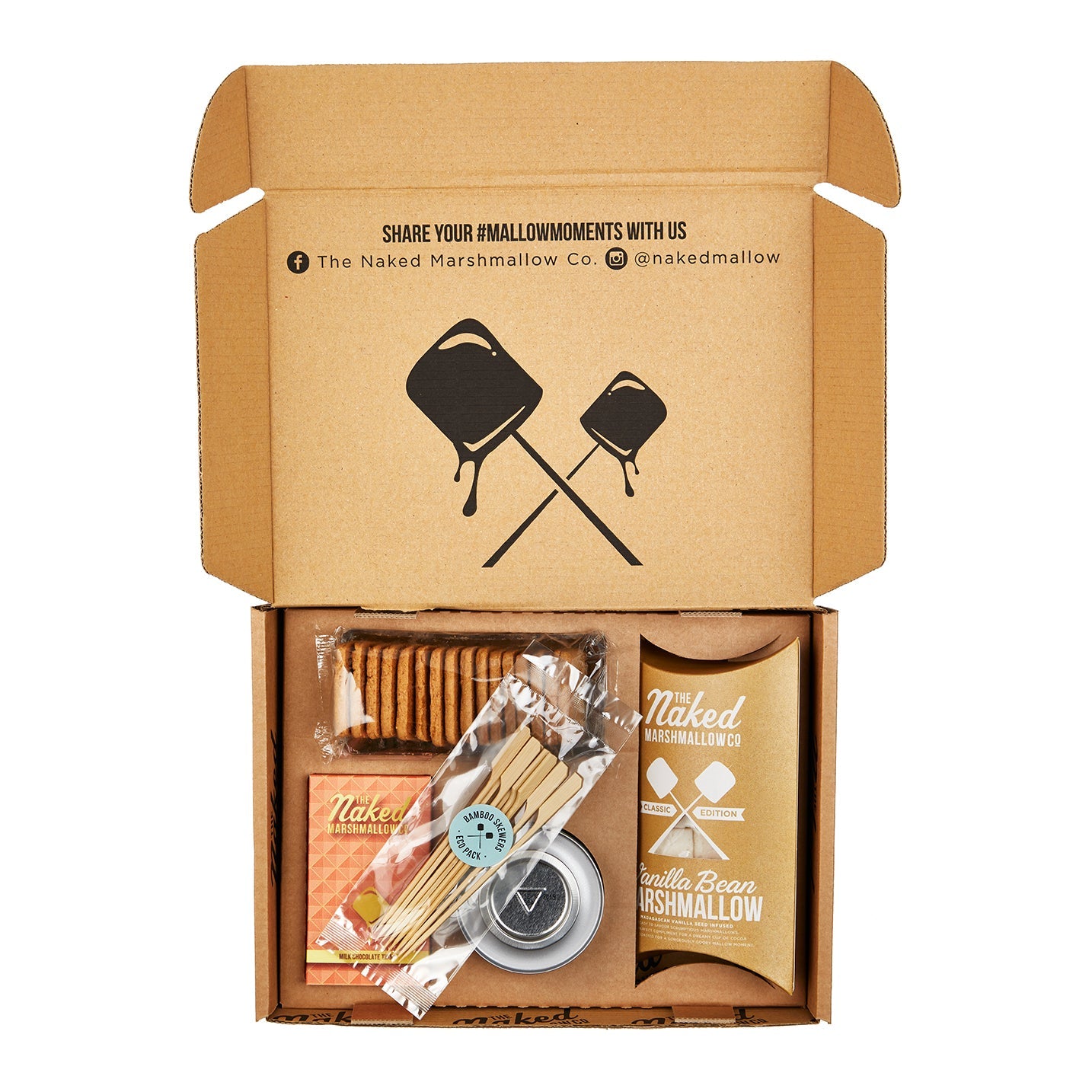 Assorted marshmallow s'mores gift set from THE MARSHMALLOW FACTORY with graham crackers and chocolate for making s'mores.