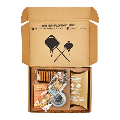 Assorted marshmallow s'mores gift set from THE MARSHMALLOW FACTORY with graham crackers and chocolate for making s'mores.