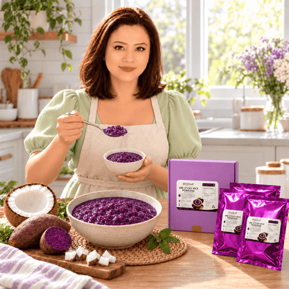 Vegan friendly no added sugar Ube Champorado rice dessert in a petite lavender bowl by Siocolat, showcasing vibrant purple sticky rice.