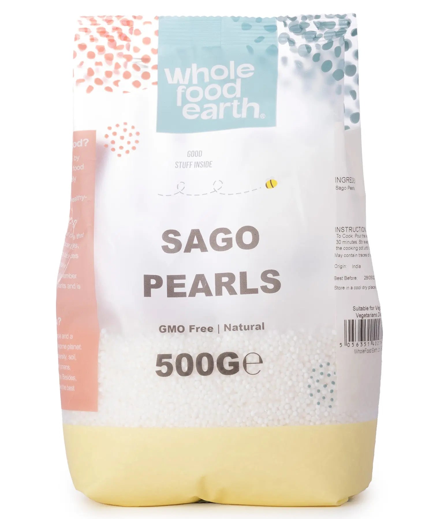 Whole Food Earth sago pearls in a 500g package, gluten-free grains used for cooking and thickening recipes.