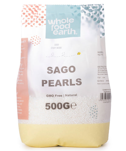 Whole Food Earth sago pearls in a 500g bag, gluten-free flour and grain product with small, round starchy pearls.
