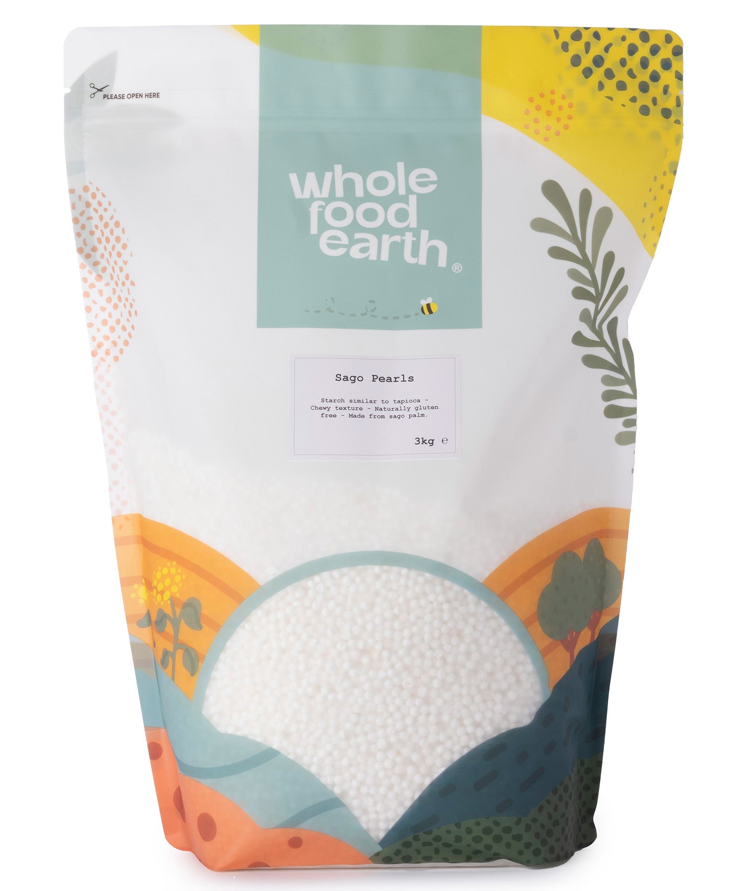 Whole Food Earth sago pearls in a 3kg bag, showing small, round, translucent sago grains used as flour and grain ingredient.