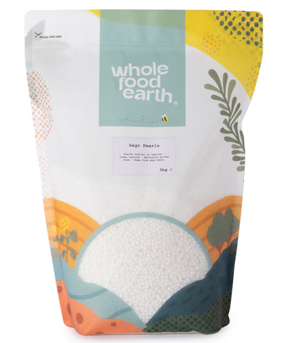 Whole Food Earth sago pearls in a 3kg bag, showing small, round, translucent sago grains used as flour and grain ingredient.