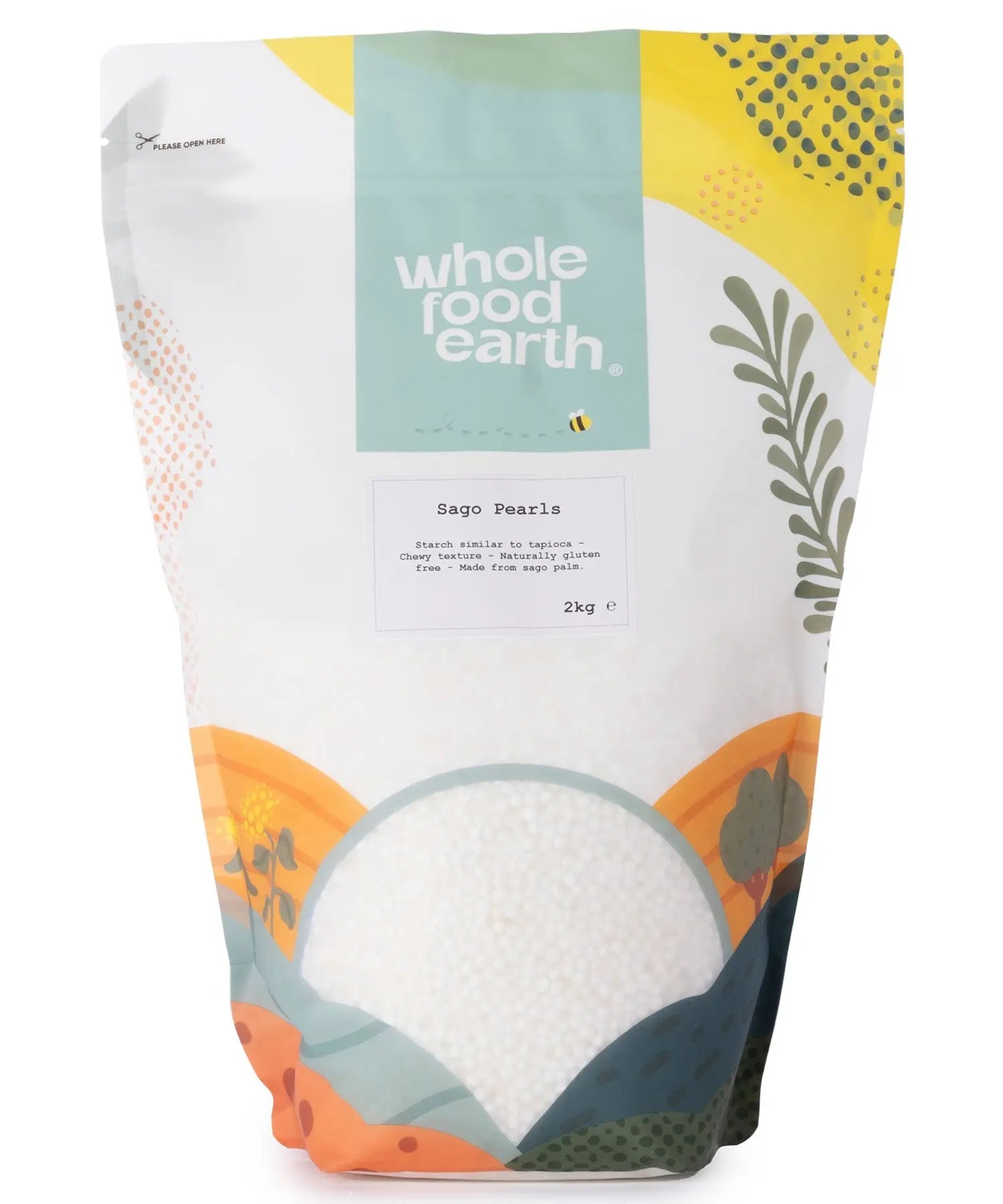 Whole Food Earth sago pearls in a 2kg bag, showcasing small, translucent tapioca pearls used in cooking and desserts.