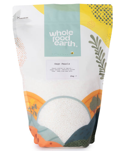 Two kilograms of Whole Food Earth Sago Pearls, small white spherical starch grains in a clear container.
