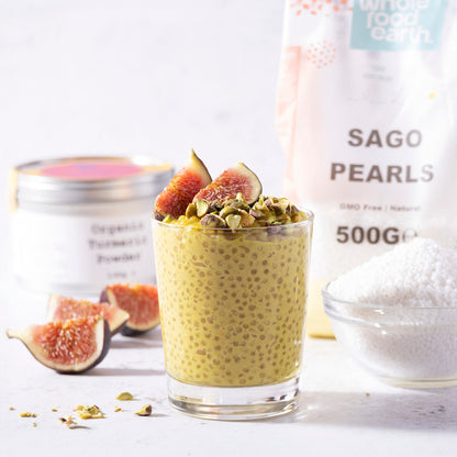 Whole Food Earth sago pearls in a kitchen setting, showcasing the small, translucent, round tapioca pearls used in cooking and baking.