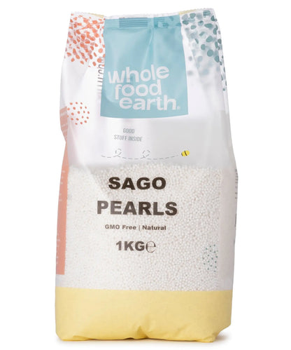 Whole Food Earth sago pearls in a 1kg bag, a versatile flour and grain product with small, translucent edible pearls.