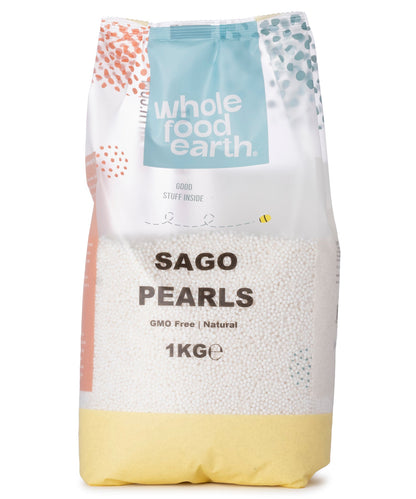 Whole Food Earth sago pearls in a 1kg package, showcasing small round translucent sago grains for cooking and baking.