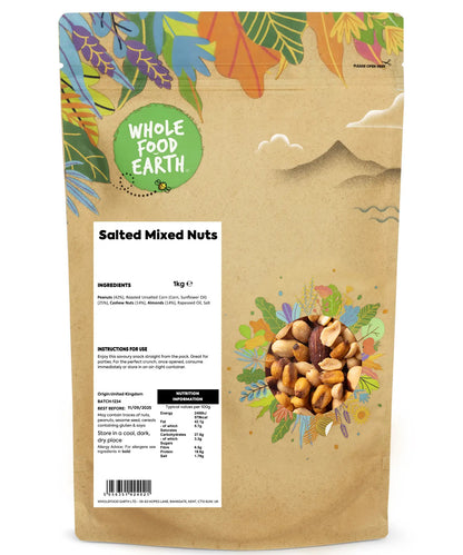 Mixed salted nuts in a 1kg bag from Whole Food Earth, including almonds, cashews, and peanuts, in a resealable package.