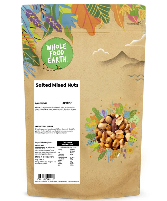 A bowl of salted mixed nuts including almonds, cashews, and peanuts in a clear glass dish, labeled Whole Food Earth salted mixed nuts.