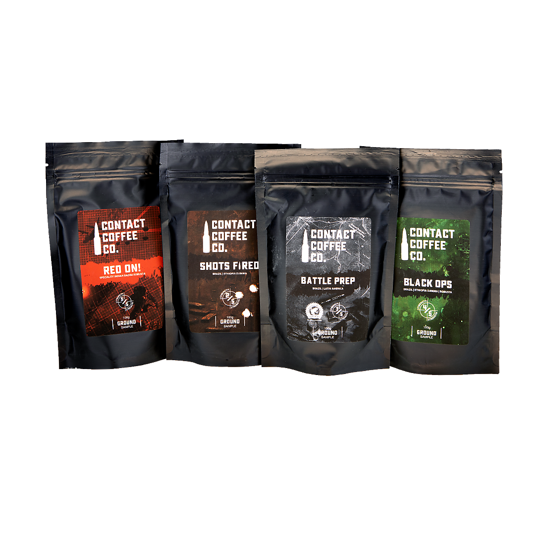 Assorted contact coffee company Ltd. ground coffee sample bags with labels, showing different coffee blends and packaging.