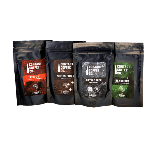 Assorted contact coffee company Ltd. ground coffee sample bags with labels, showing different coffee blends and packaging.