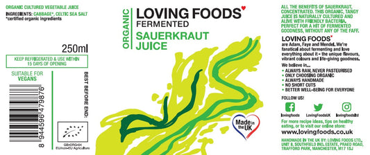 Assorted Loving Foods fermented vegetable juice case with jars of colorful, tangy sauerkraut and fermented veggie products.