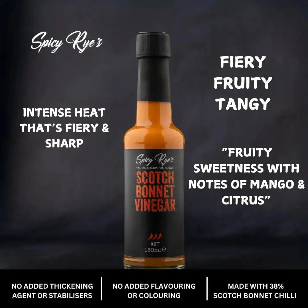 Spicy Ryes Scotch Bonnet Vinegar bottle with label, showcasing the fiery hot pepper flavor and vibrant packaging.