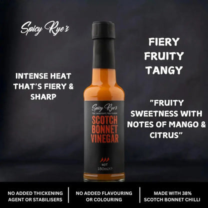 Spicy Ryes Scotch Bonnet Vinegar bottle with label, showcasing the fiery hot pepper flavor and vibrant packaging.
