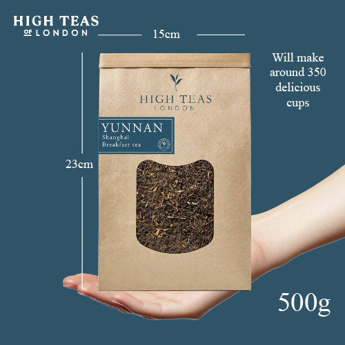 Loose leaf Yunnan Imperial "Gold Tip" Shanghai Breakfast Tea by High Teas, showcasing golden-tipped tea leaves in a clear glass jar.
