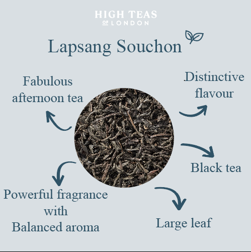 Loose leaf Lapsang Souchong Butterfly tea from High Teas, showcasing dark, twisted tea leaves in a clear container.