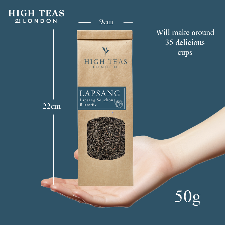 Loose leaf Lapsang Souchong Butterfly tea by High Teas, showing dark, twisted tea leaves in a clear container.