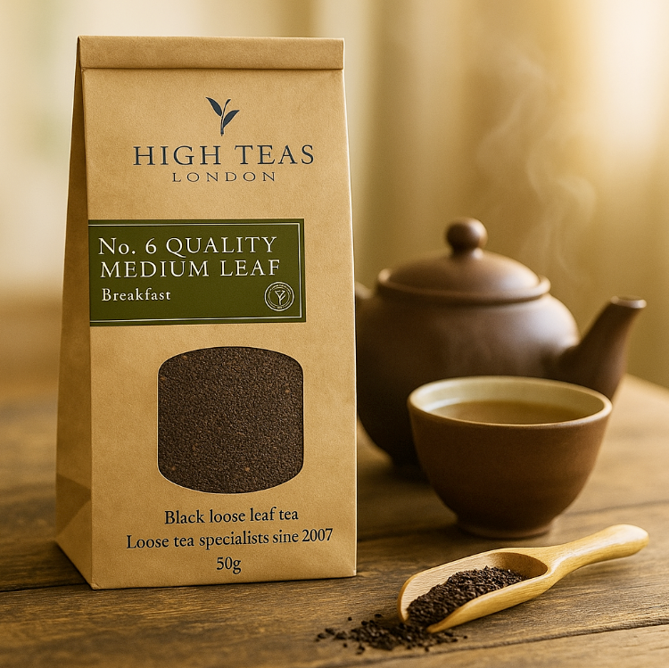 Loose leaf English Breakfast Blend No.6 tea by High Teas, showcasing medium-sized tea leaves in a natural, fresh appearance.