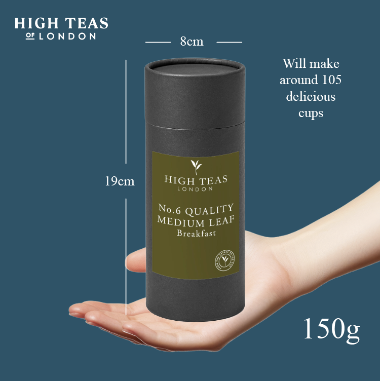 Loose leaf English Breakfast Blend tea from High Teas, showing medium-sized tea leaves in a clear container.