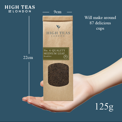 High Teas English Breakfast Blend No.6 loose leaf tea with medium-sized tea leaves in a clear container.