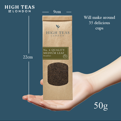 Loose leaf English Breakfast Blend No.6 tea by High Teas, showing medium-sized tea leaves in a clear container.