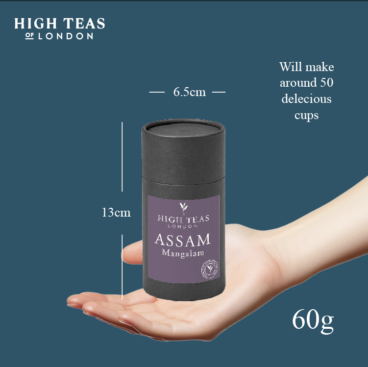 Assam Mangalam FTGFOP1 tea leaves from High Teas, showcasing premium, golden-tip Assam tea in a clear container.