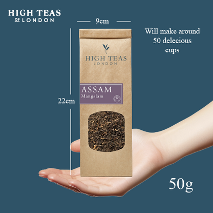 Assam Mangalam FTGFOP1 tea leaves from High Teas, showcasing fresh, premium Assam Mangalam black tea in a clear container.