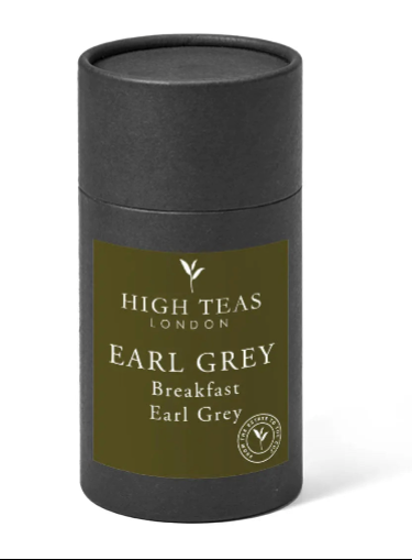 High Teas Breakfast Earl Grey tea leaves in a clear tea bag, ready for brewing in a cozy setting.