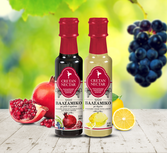 Cretan Nectar balsamic cream glaze with lemon in a glass jar, showcasing its thick, dark balsamic glaze with fresh lemon flavor.