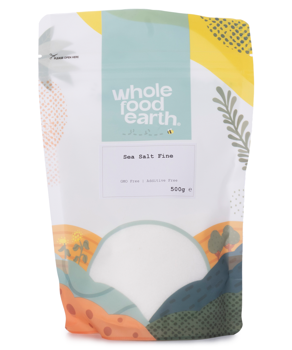 Fine sea salt from Whole Food Earth, shown in a clear container with white crystalline grains, part of minerals and salts collection.