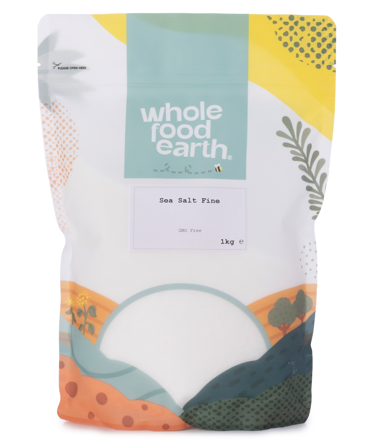 Fine sea salt crystals from Whole Food Earth, 1kg package, showing white, flaky mineral salt on a clean surface.