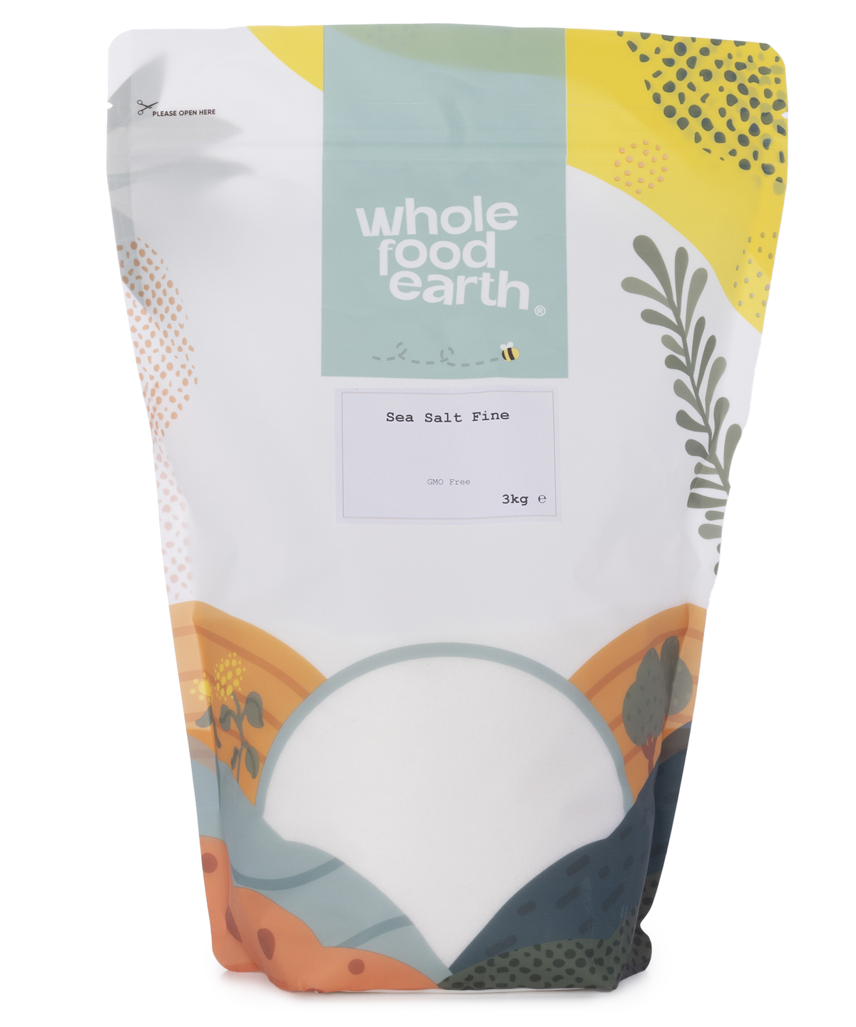 Fine sea salt from Whole Food Earth, mineral-rich white crystals displayed in a 3kg bag, suitable for cooking and seasoning.