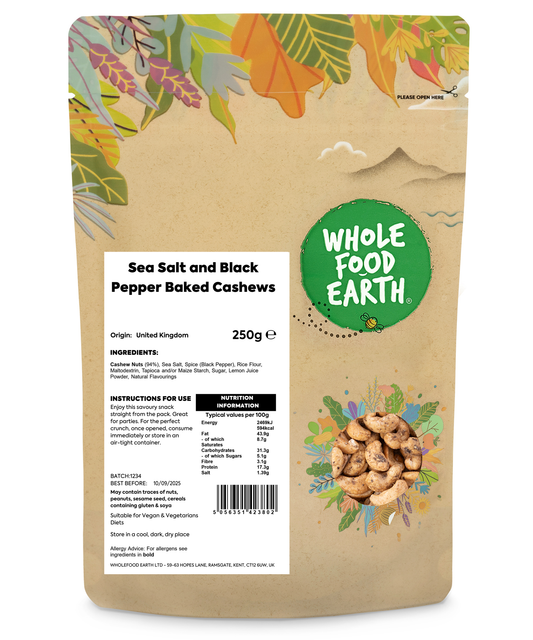 Bowl of Whole Food Earth Sea Salt and Black Pepper Baked Cashews in a 250g package, showcasing seasoned roasted nuts.