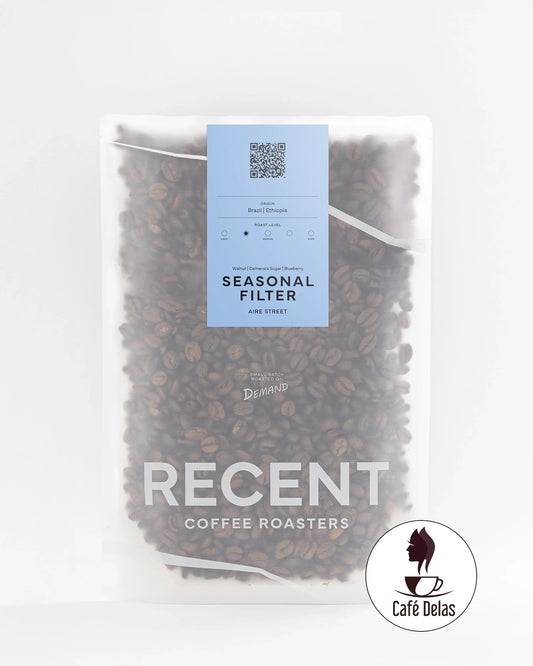 Recent Beans Aire Street Blend Light Medium Roast Coffee in seasonal packaging, featuring fresh roasted coffee beans.