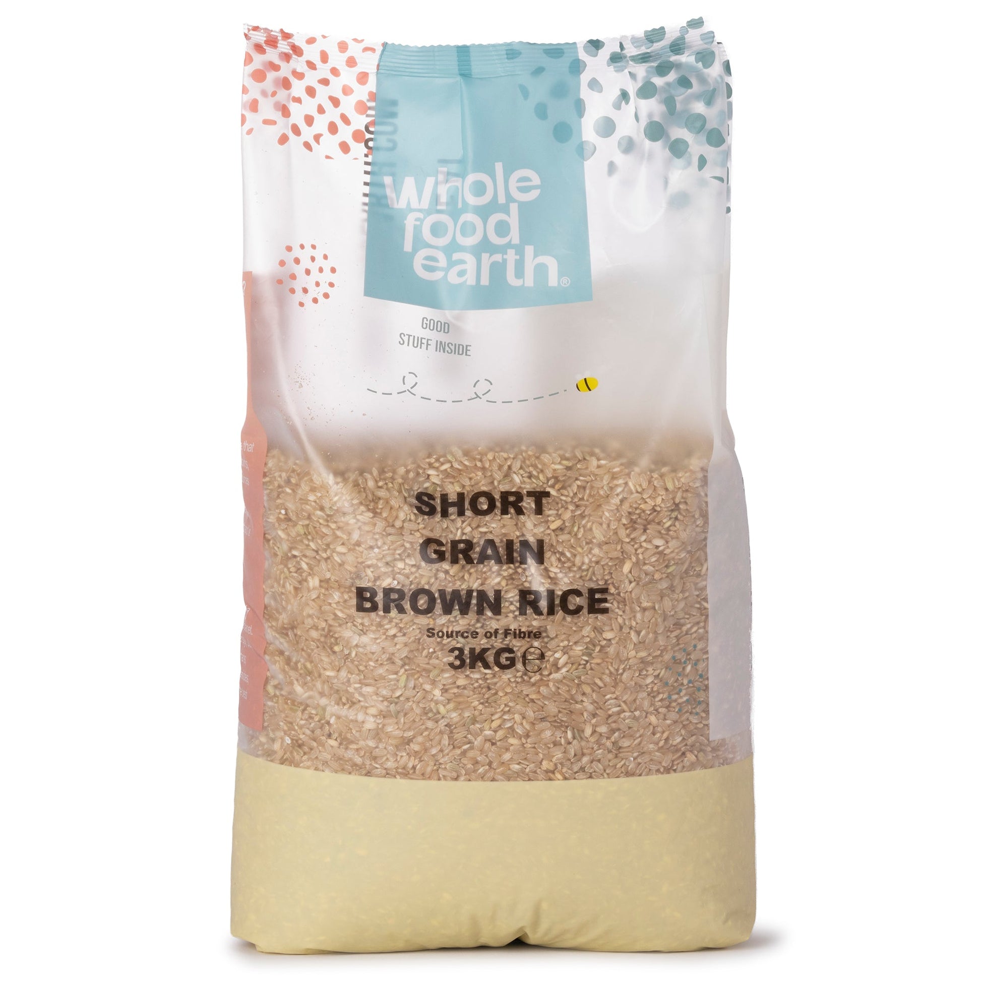 Whole Food Earth short grain brown rice in a 3kg bag, showing the uncooked rice grains in a natural setting.
