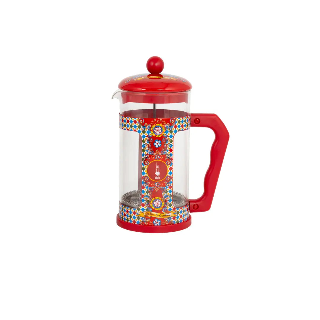 Bialetti X Dolce&Gabbana Sicilian Cart 3-cup cafetière coffee maker with vibrant Sicilian design and Brew Italia branding.