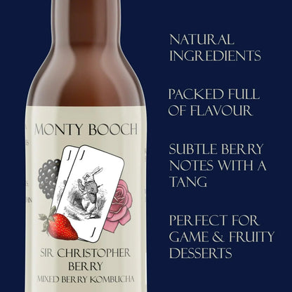 Monty Booch Sir Christopher Berry Raw Kombucha 330ml bottle with mixed berries, unfiltered and naturally fermented.