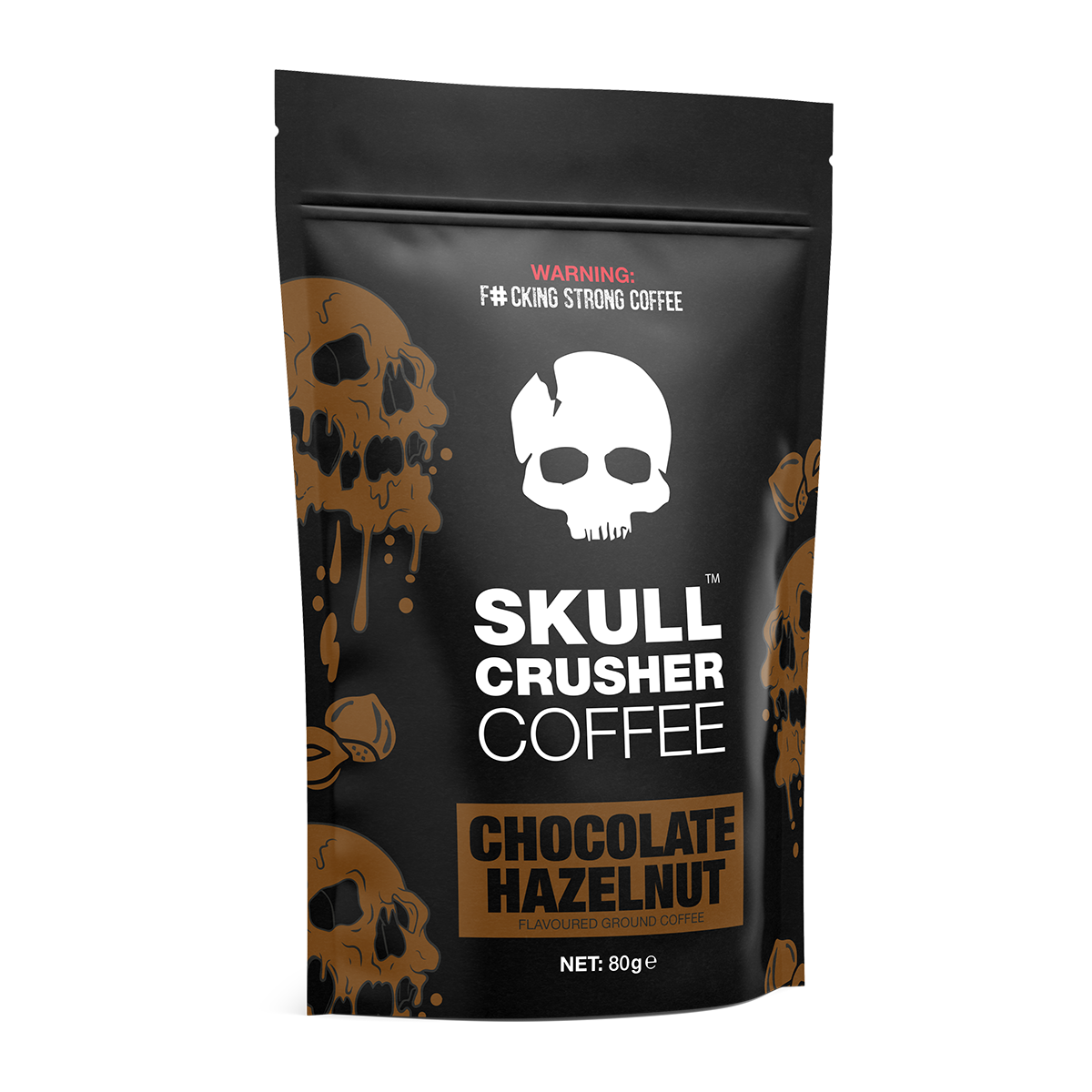 Ground Skull Crusher Coffee in Chocolate Hazelnut flavor, 80g package with a dark roasted coffee beans display.