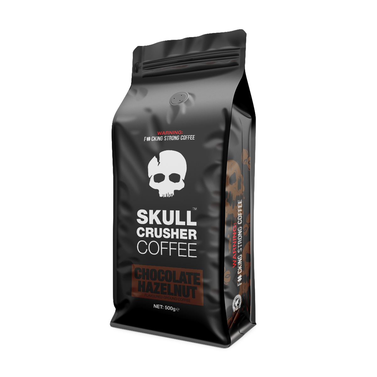 Ground Skull Crusher Coffee Chocolate Hazelnut flavor in 500g bag, showcasing the rich, roasted coffee beans and packaging.