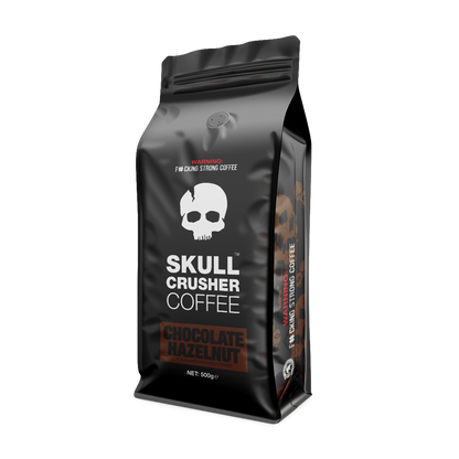 Ground Skull Crusher Coffee Chocolate Hazelnut flavor in 500g bag, showcasing the rich, roasted coffee beans and packaging.