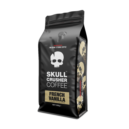 Ground Skull Crusher Coffee French Vanilla flavor in a 500g bag, showcasing the flavorful vanilla aroma and branding.