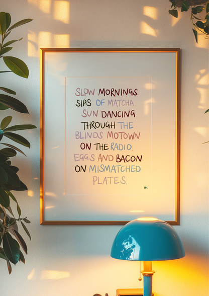 Relatable kitchen breakfast print featuring coffee, toast, and morning food items, designed by Peak Prints for cozy mornings.