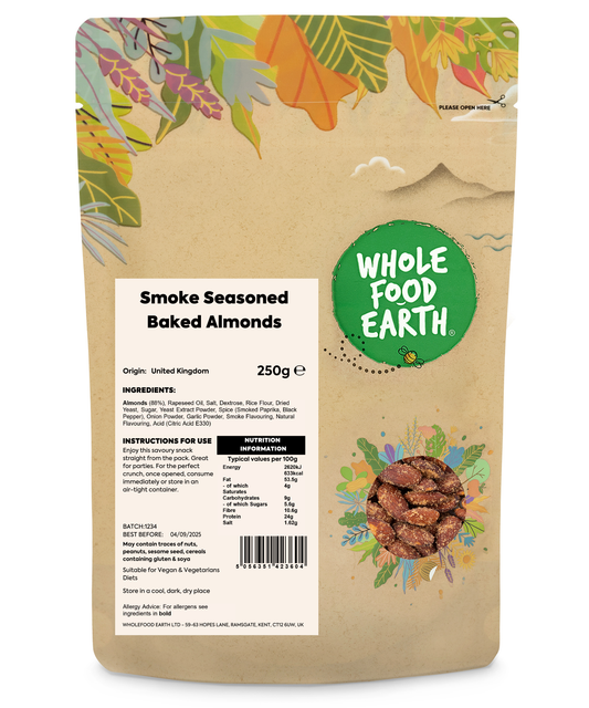 Bowl of smoked seasoned baked almonds from Whole Food Earth, showcasing crunchy, flavorful nuts in a rustic setting.
