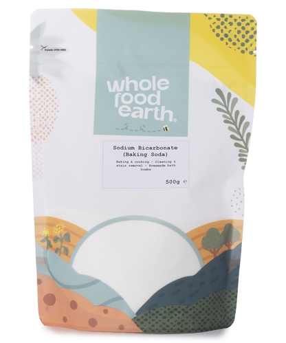 Image of a 500g package of Whole Food Earth sodium bicarbonate, a natural baking soda mineral used in cooking and cleaning.