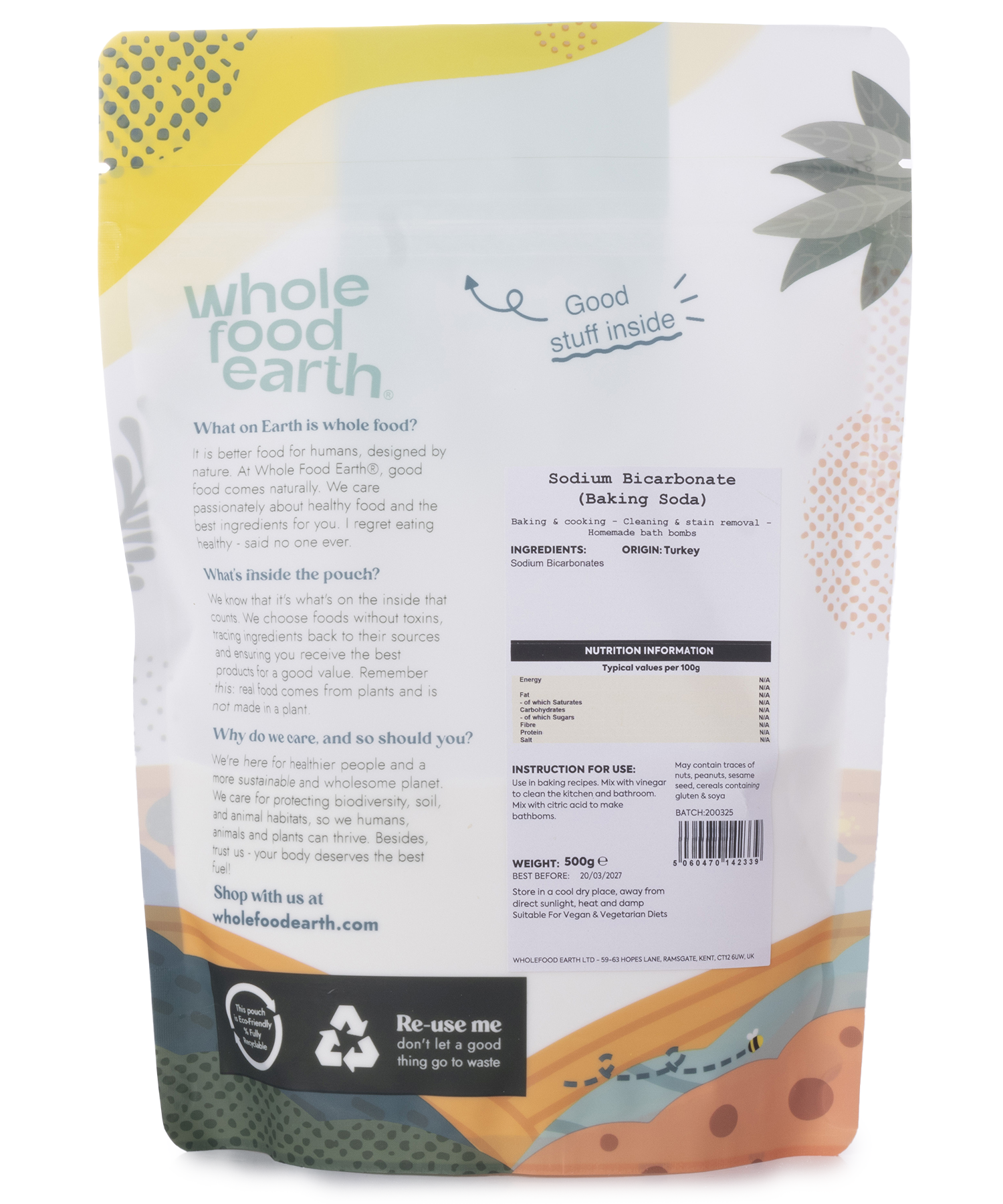 Whole Food Earth Sodium Bicarbonate baking soda in a 500g package, mineral and salt product with a white powder appearance.
